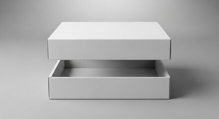 Empty white rectangular cardboard box with its lid slightly open, hovering above the base, against a clean, neutral grey background, for product display or packaging design