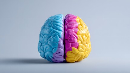 Colorful human brain model representing the left and right hemispheres.