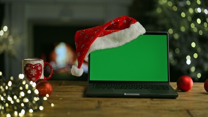 Laptop computer in Santa hat at Christmas. Decorated room with Christmas tree and lights. Cosy winter home with fireplace. Blank green screen for web shop offer and holiday advertisement.
