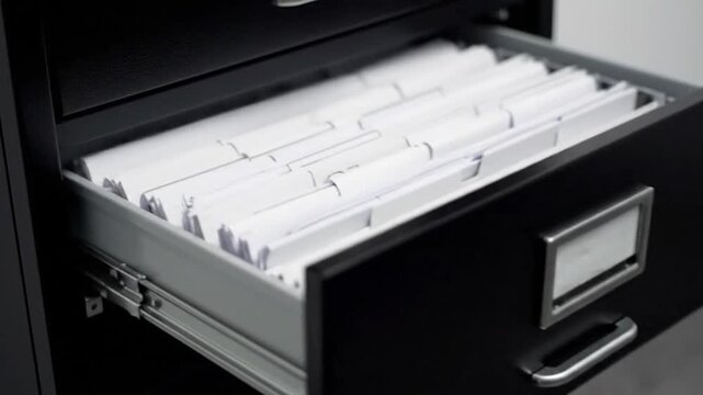 Open drawer with organized documents, visible tabs and dividers, office filing system