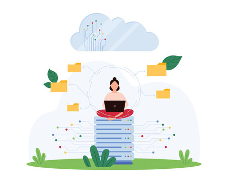 Secure cloud data platform, system infrastructure with firewall to access and store folders of information. Tiny woman sharing files over network, work with database cartoon vector illustration