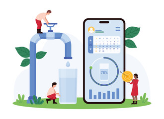 Water reminder mobile app with notification. Tiny people monitoring hydration with calendar and loading circle chart on smartphone screen to drink more clean water cartoon vector illustration