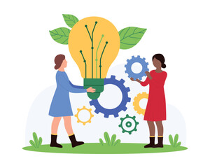 Fototapeta premium Eco friendly sustainable solution development process, digital project of green energy and idea of waste recycle. Tiny people holding light bulb with green leaf and gear cartoon vector illustration