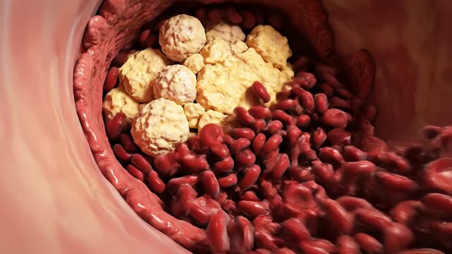 Cholesterol molecules traveling in the bloodstream, their swirling motion among red blood cells, initially smooth, the current becomes turbulent as the molecules cluster together