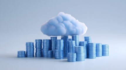 Conceptual 3D rendering of cloud computing costs and digital finance with coins.