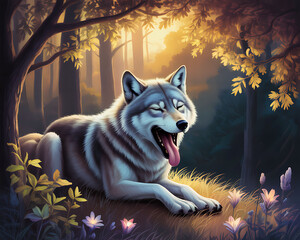 Sleepy Wolf in Enchanted Forest.
