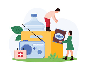 Preparedness for natural disasters, collection of survival kit items. Tiny people collect canned food and bottle of water drink, first aid box and necessary equipment cartoon vector illustration