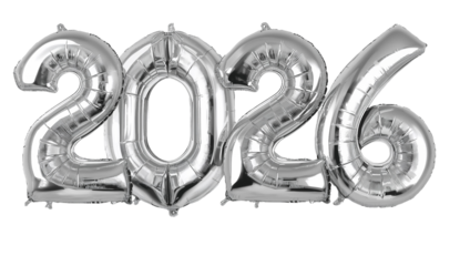 Silver foil balloons spelling 2026 for new year's and future celebrations