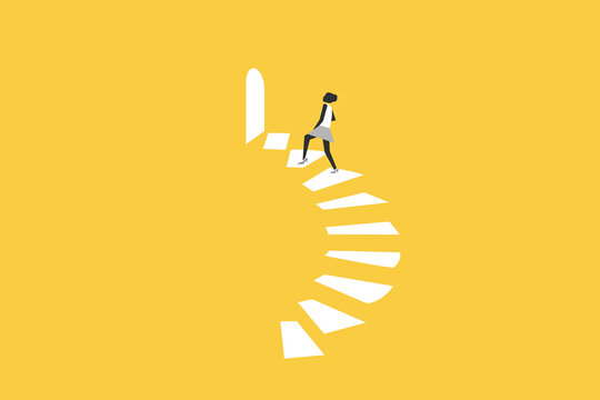 Business career growth. Business woman walking up the stairs. concept of rise, promotion, success, corporate ladder