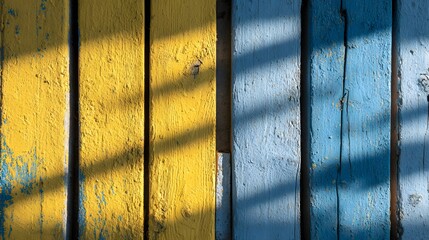 Contrasting yellow and blue weathered wooden planks with sunlight shadows.