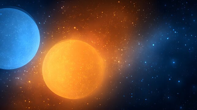Cosmic celestial scene with a glowing orange sun and a blue planet. - Powered by Adobe