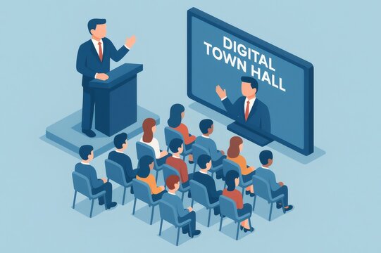 Presenter speaking from podium to an audience in a hall, also seen on a large screen in a digital town hall meeting