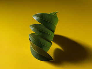 Green leaf in the shape of a spiral, on a yellow background