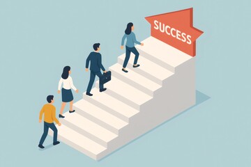 Business team members are moving up steps, symbolizing career growth, challenge, ambition, and achieving professional goals