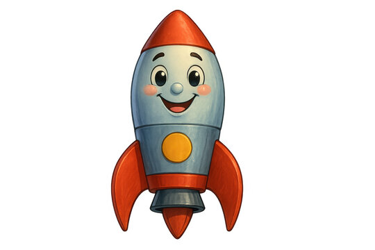Friendly rocket character smiling, representing childhood space exploration, a fun toy for kids, transparent background