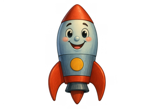 Friendly rocket character smiling, representing childhood space exploration, a fun toy for kids, transparent background