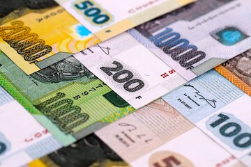 Congolese franc money bills in big amount on table close up. Rich life concept in Democratic Republic of Congo. Business and economy