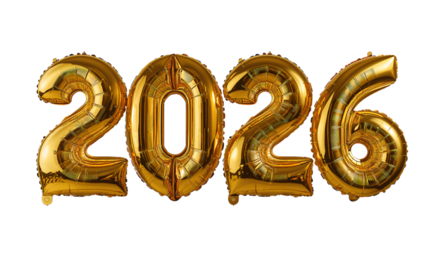 Golden foil balloon numbers forming year 2026 on a transparent background