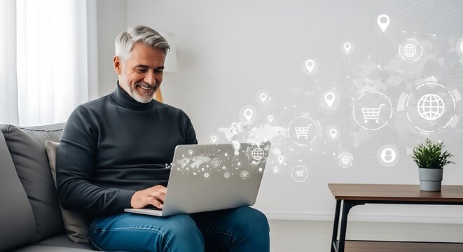 Senior Browsing Online Store on Laptop with Digital Icons Showing E-commerce and Shopping