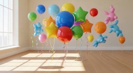 A vibrant collection of colorful balloons in a bright room with sunlight streaming through a window.