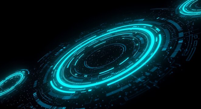 Futuristic circular rings with luminous blue neon light, set against a dark background
