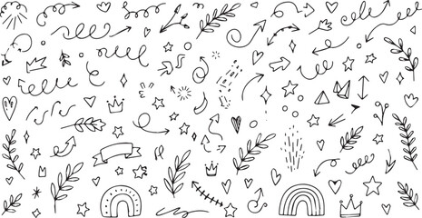 Collection of hand-drawn doodle design elements vector illustration of decorative swirls arrows stars and floral accents for creative projects