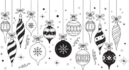 Collection of hanging Christmas ornaments hand-drawn vector illustration in black and perfect for holiday cards and decorations