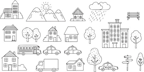 Collection of outline city elements including buildings vehicles and nature simple vector illustration for infographic and design