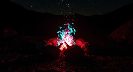 Illuminated campfire with color-shifted flames at night, surrounded by rocks and distant mountains