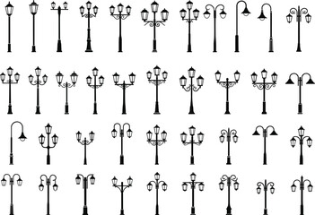 Vintage and modern street lamp silhouettes set, decorative lantern pole icons, urban lighting elements, classic lamp post collection, vector illustration for design