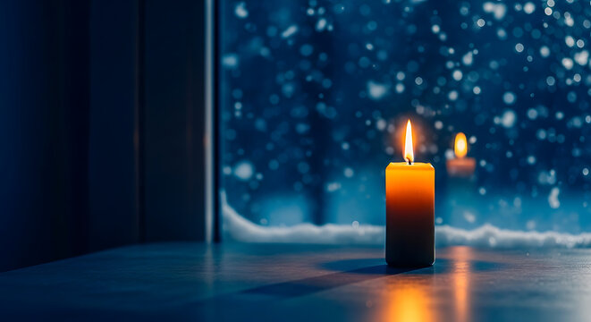 Warm candlelight glow against a snowy winter window bringing peace and hope - Powered by Adobe