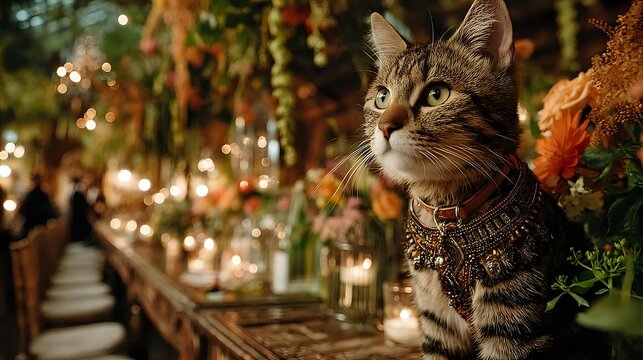 Elegant tabby cat wearing a decorative collar sitting amidst floral arrangements and soft lighting creating a sophisticated pet portrait