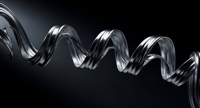 Abstract Metallic Ribbon Wave Design on Dark Background.