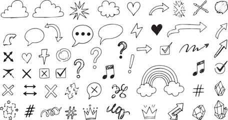 Set of hand-drawn doodle elements including arrows clouds and speech bubbles vector illustration background