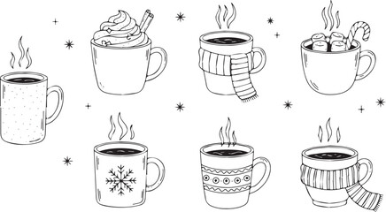 Collection of hand-drawn winter drink mugs cozy beverage illustrations for holiday designs background