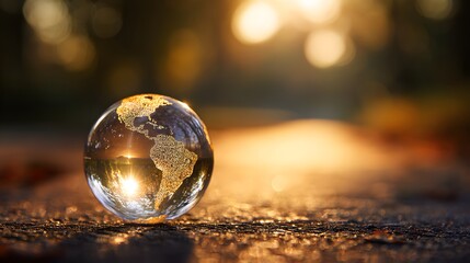 Crystal glass globe of the world on a wet surface with a warm golden bokeh light background.