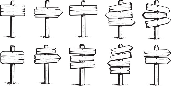Collection of rustic wooden signposts hand-drawn vector illustrations for navigation direction and wayfinding