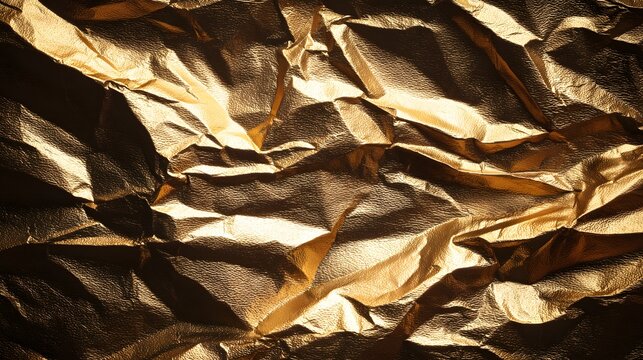 Crumpled gold foil texture with reflective highlights and shadows.