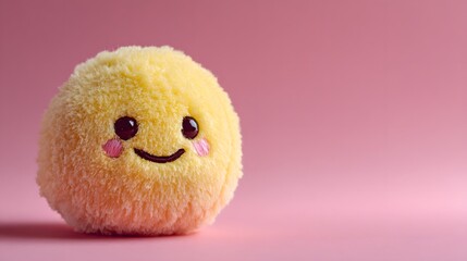 Cute fluffy yellow smiley face character on a pink background with copy space.