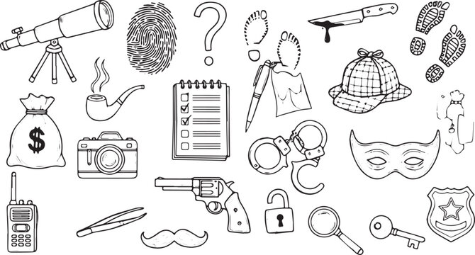 Detective and mystery solving icon set hand-drawn vector illustration for crime investigation background