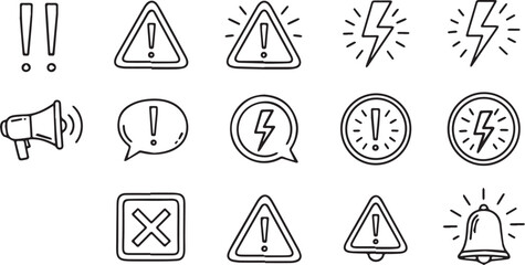 Hand-drawn alert and warning icons simple line art vector symbols for attention danger and notification messages background