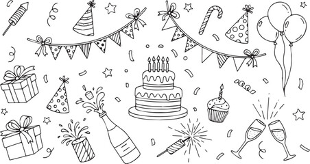 Hand-drawn doodle set of birthday party elements including cake gifts and decorations vector illustration for greeting cards and invitations