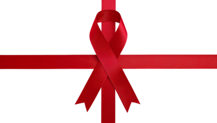 Red awareness ribbon and crisscrossed satin ribbons, a symbol of support and hope isoleted on transparent background