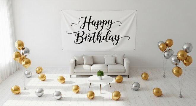 Birthday celebration with balloons and sofa in white room.