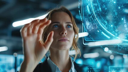 A young Caucasian woman with long blonde hair interacts with a holographic interface in a modern tech environment. The scene emphasizes future technology and innovation.