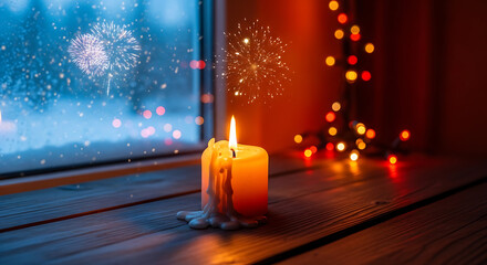 Warm candle glow illuminating a cozy winter night with fireworks display in background