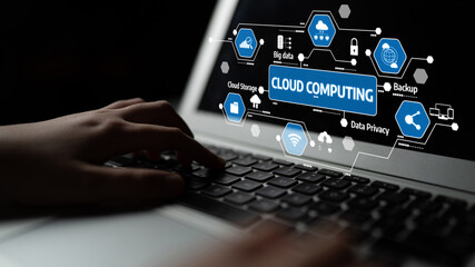 A close-up view of a hand on a laptop keyboard, with cloud computing icons displayed, emphasizing themes of digital technology, security, and connectivity in modern computing. Tessel