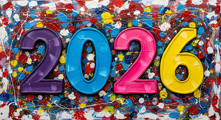 A colorful painting of the number twenty-six with a white background. The painting is full of bright colors and splatters of paint, giving it a lively and energetic feel
