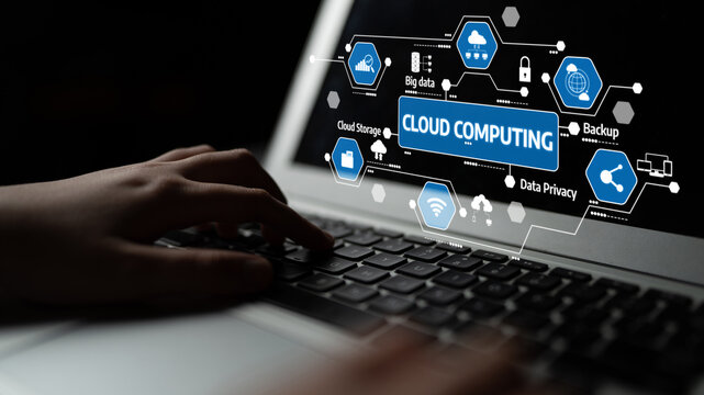 A close-up view of a hand on a laptop keyboard, with cloud computing icons displayed, emphasizing themes of digital technology, security, and connectivity in modern computing. Tessel