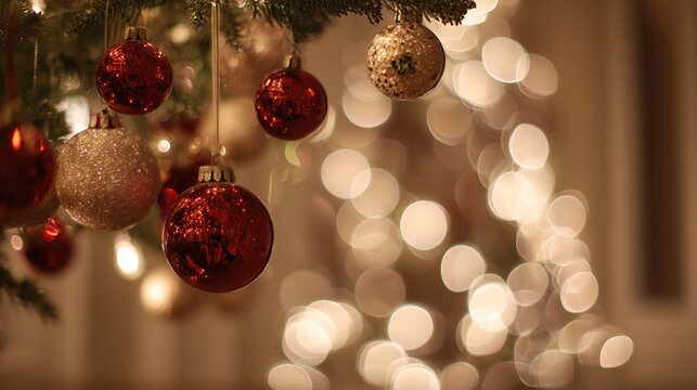 Close-up of red and gold Christmas ornaments hanging top to bottom, focus on baubles with blurred white bokeh lights background, warm tone creating festive holiday celebration atmosphere.